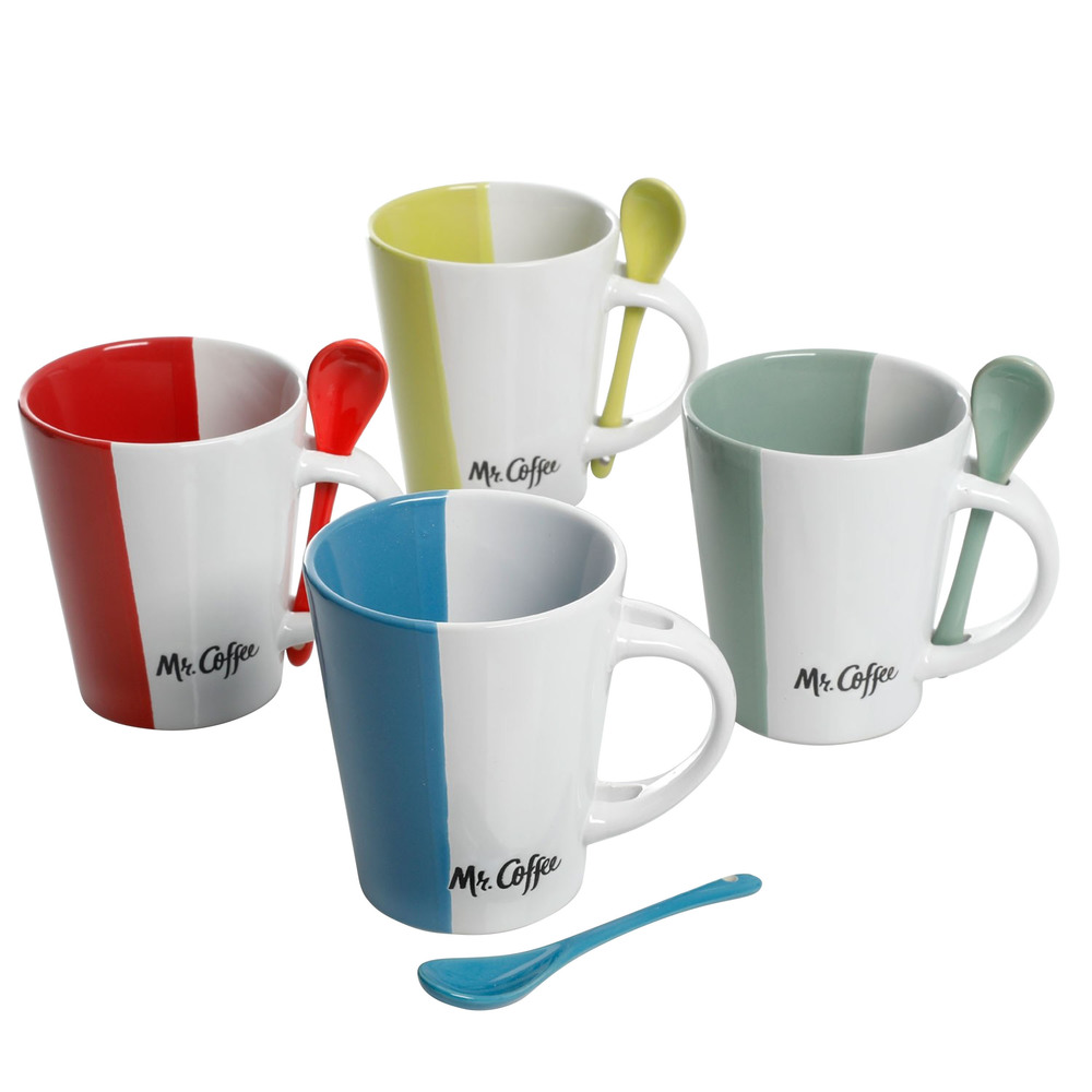 Mr. Coffee Caf and eacute; Roma 8 Piece 14 oz. Mugs with Matching Spoons Set in 4 Assorted Colors