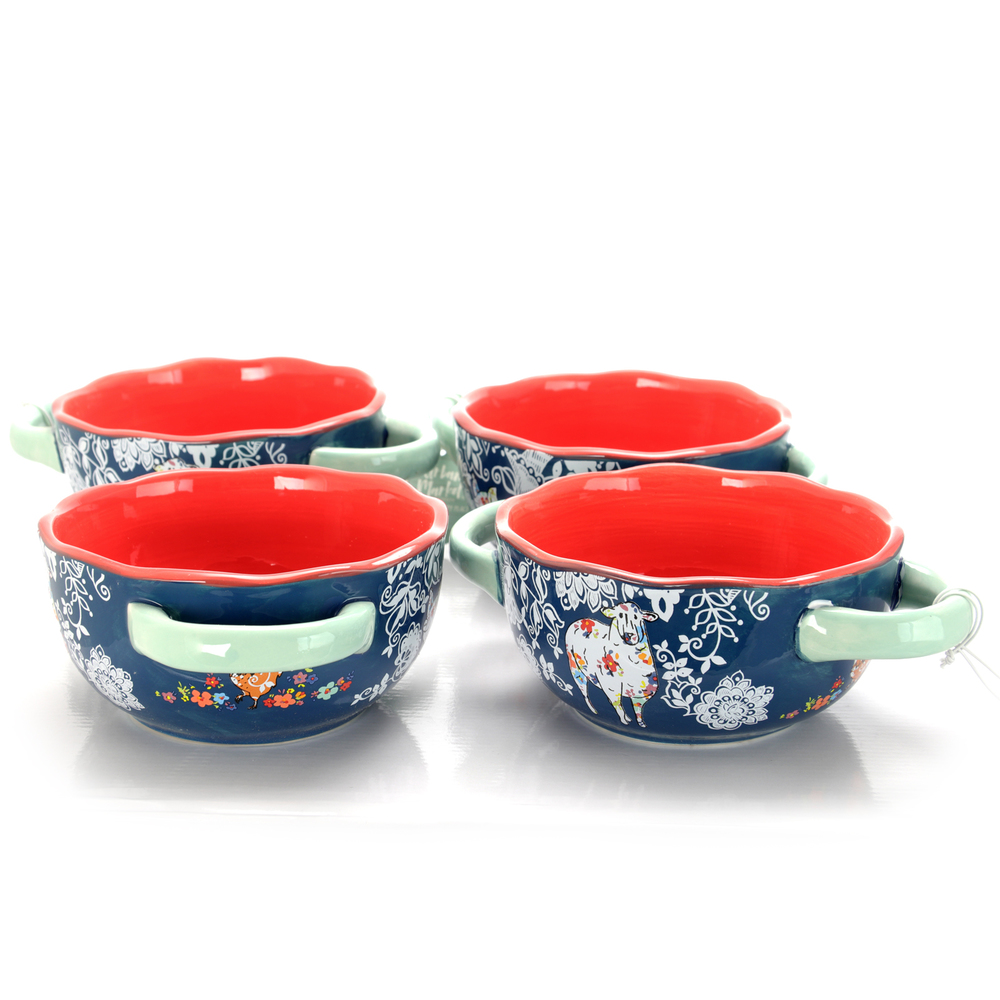 Urban Market Life on the Farm 4 Piece 6 Inch Ceramic Soup Bowl Set with Handles
