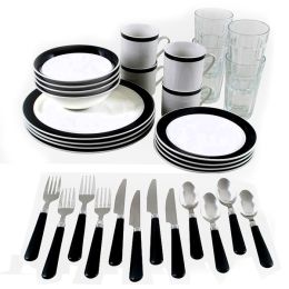Gibson Home Total Kitchen Essex 32 Piece Stoneware and Stainless Steel Dinnerware and Flatware Combo Set In Black and White