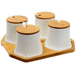 Elama Ceramic Spice, Jam and Salsa Jars with Bamboo Lids and amp; Serving Spoons