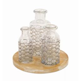Jars with Chicken Wire Wrap 9"H Glass/Wire, includes Tray 9.75"D Wood