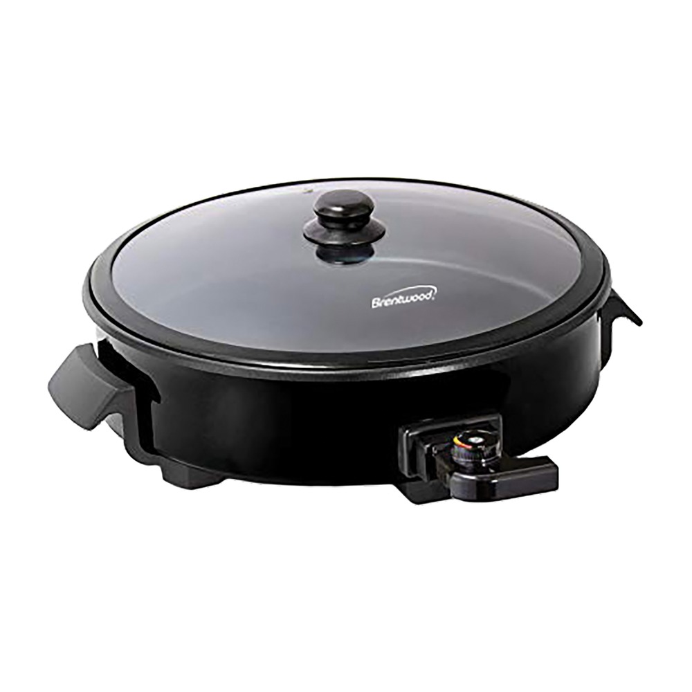 Brentwood Stainless Steel Round Non-Stick Electric Skillet with Vented Glass Lid (Color: Black, size: 12 Inch)