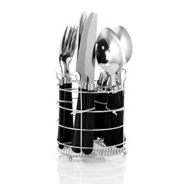 Gibson Sensations II Stainless Steel 16 Piece Flatware Set Chrome Caddy (Color: Black)