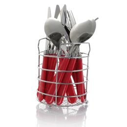 Gibson Sensations II Stainless Steel 16 Piece Flatware Set Chrome Caddy (Color: Red)