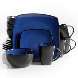 Gibson Soho Lounge Square Stoneware 16 Piece Dinnerware Set (Color: Blue & Black)