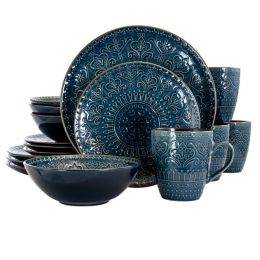Elama Luxurious Stoneware 16 Piece Complete Dinnerware Set for 4 (Color: Deep Sea Mozaic)