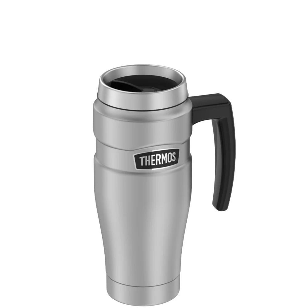 Thermos Stainless Steel Travel Tumbler Size 16 Ounce (Color: Silver-Black Handle)
